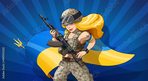 Ukrainian military girl with automatic gun in uniform.