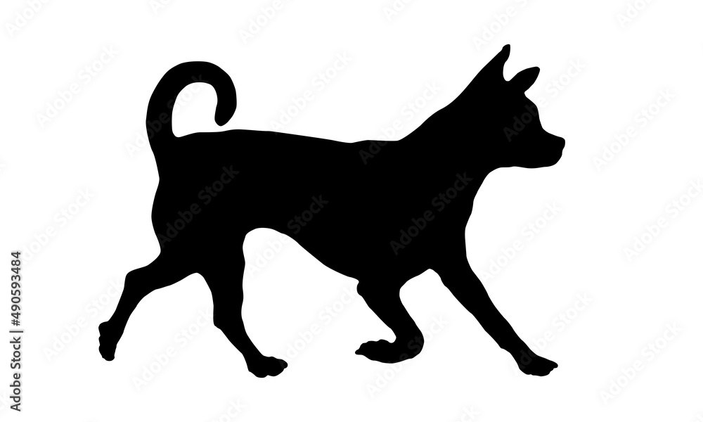 Black dog silhouette. Running chihuahua puppy. Pet animals. Isolated on a white background. Vector illustration.