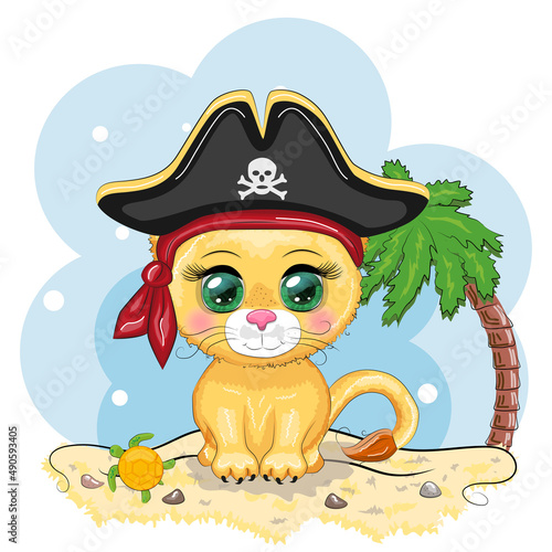 Lion pirate, cartoon character of the game, wild animal cat in a bandana and a cocked hat with a skull, with an eye patch. Character with bright eyes