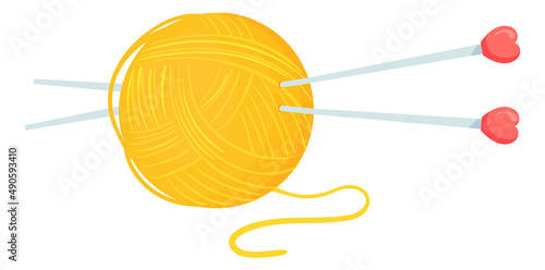 Yellow yarn ball with knitting needles. Hand craft icon