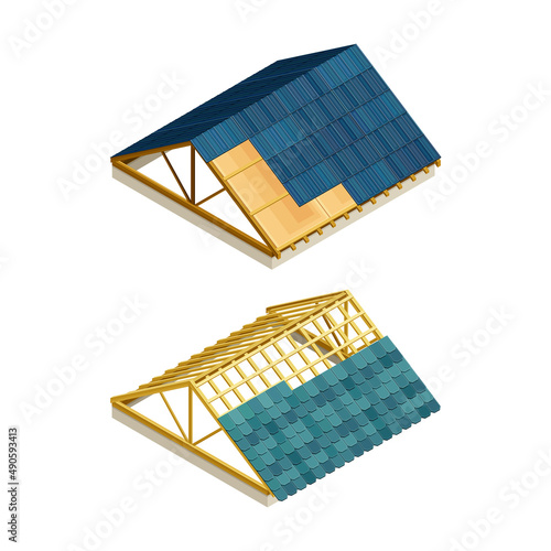 Roofing construction. Roof frame covering with blue protective coating vector illustration