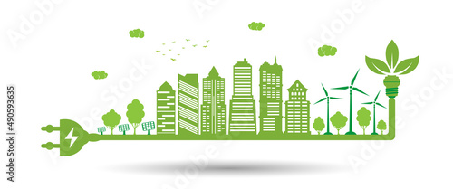 Concepr of environment conservation. Eco friendly city with plug electric and light bulb with green leaves. Silhouette of green city and renewable energy sources. Vector illustration.