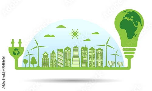 Concept of environment conservation. Energy-saving lamp with symbol of planet earth inside and plug electric. Silhouette green city with renewable energy sources. Vector illustration.