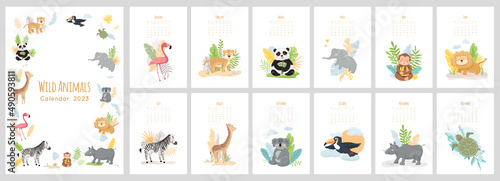 Calendar 2023 with cute wild baby animals. Set of 12 month vector illustrations, zoo characters in cartoon style. Jungle leaves, plants isolated on white background. Cover and pages design concept