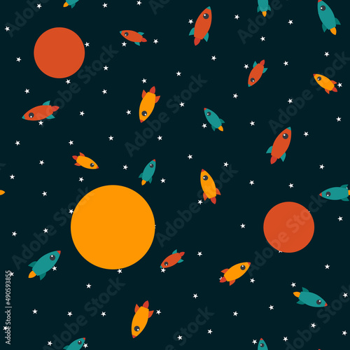 Rocket in space seamless pattern background. Illustration