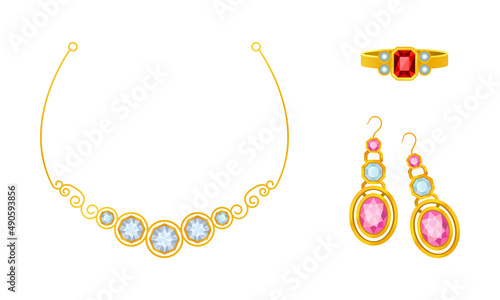 Gold jewelry set. Beautiful earrings, ring and necklace with gemstones cartoon vector illustration