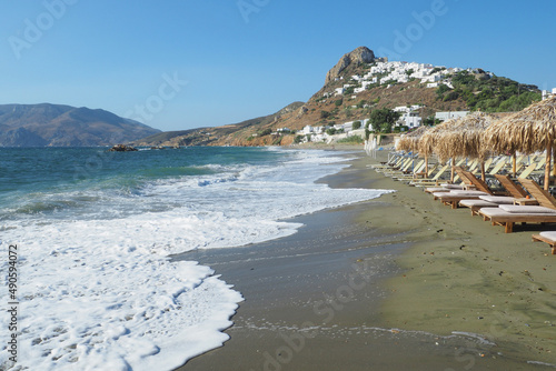 Magazia famous beach in Skyros island below main picturesque village and castle built uphill  Sporades islands  Greece