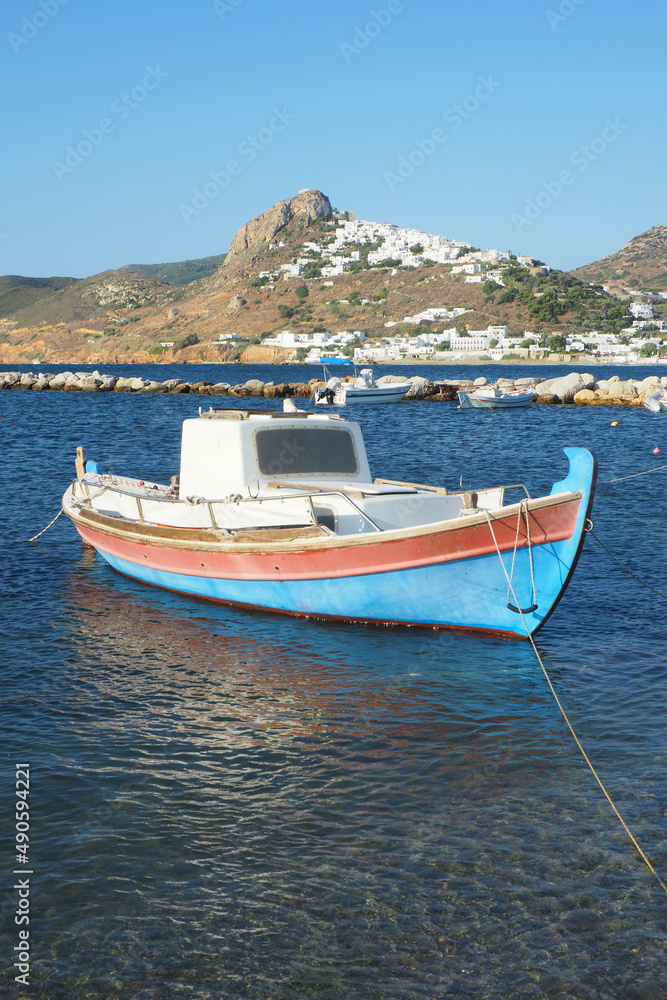 Magazia famous beach in Skyros island below main picturesque village and castle built uphill, Sporades islands, Greece