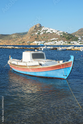 Magazia famous beach in Skyros island below main picturesque village and castle built uphill, Sporades islands, Greece