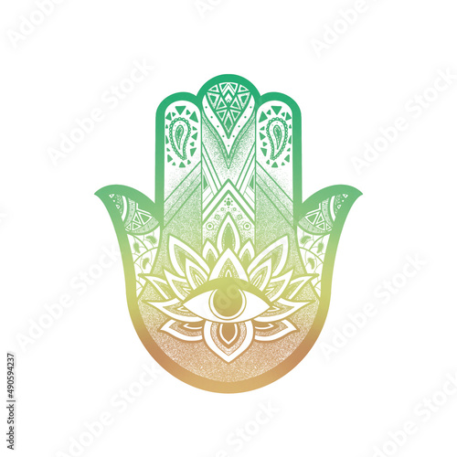  indian hand drawn hamsa, hamsa henna tattoo with ethnic ornament.