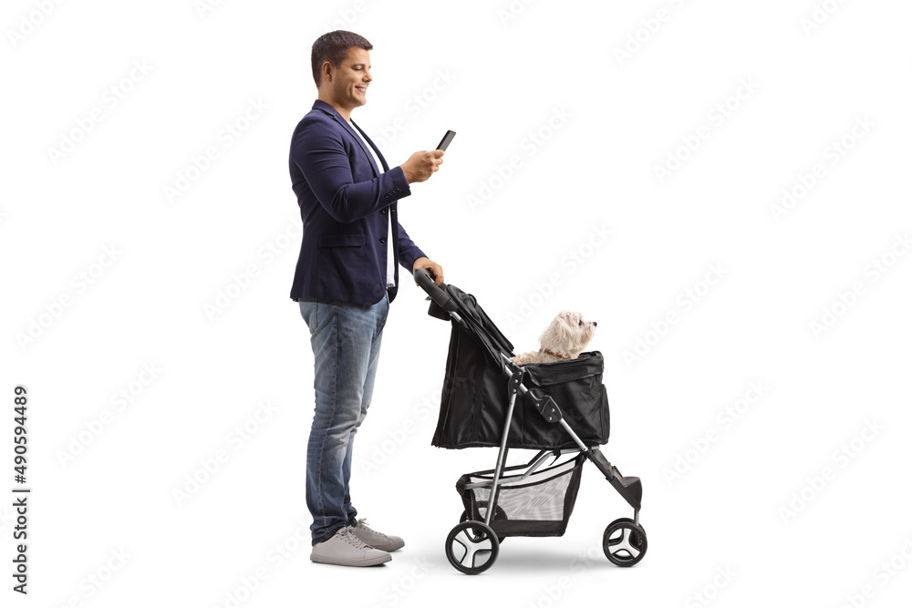 Full length profile shot of a man standing with a dog troller and looking at a smartphone Full length profile shot of a man standing with a dog troller and looking at a smartphone