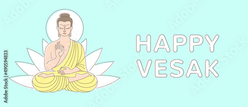 Happy Vesak vector greeting card, banner. Sitting Buddha figure and lotus shape linear simple colorful drawing. Buddha Purnima, Birthday day illustration, poster template. Esoteric design element. 