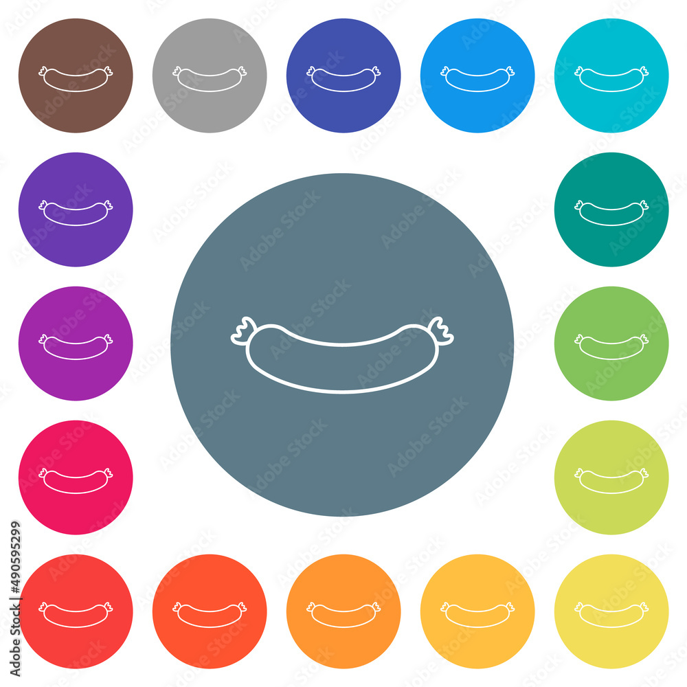 Sausage outline flat white icons on round color backgrounds