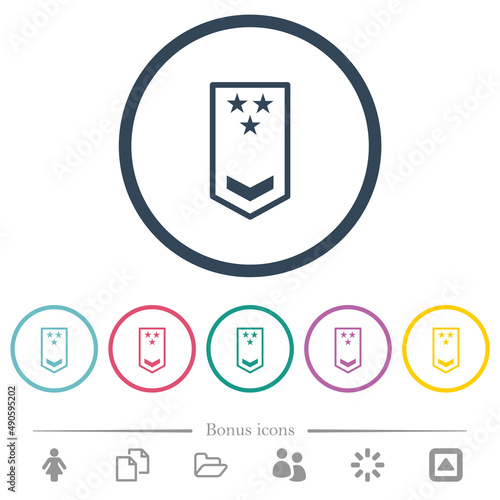 Military insignia with one chevron and three stars flat color icons in round outlines photo
