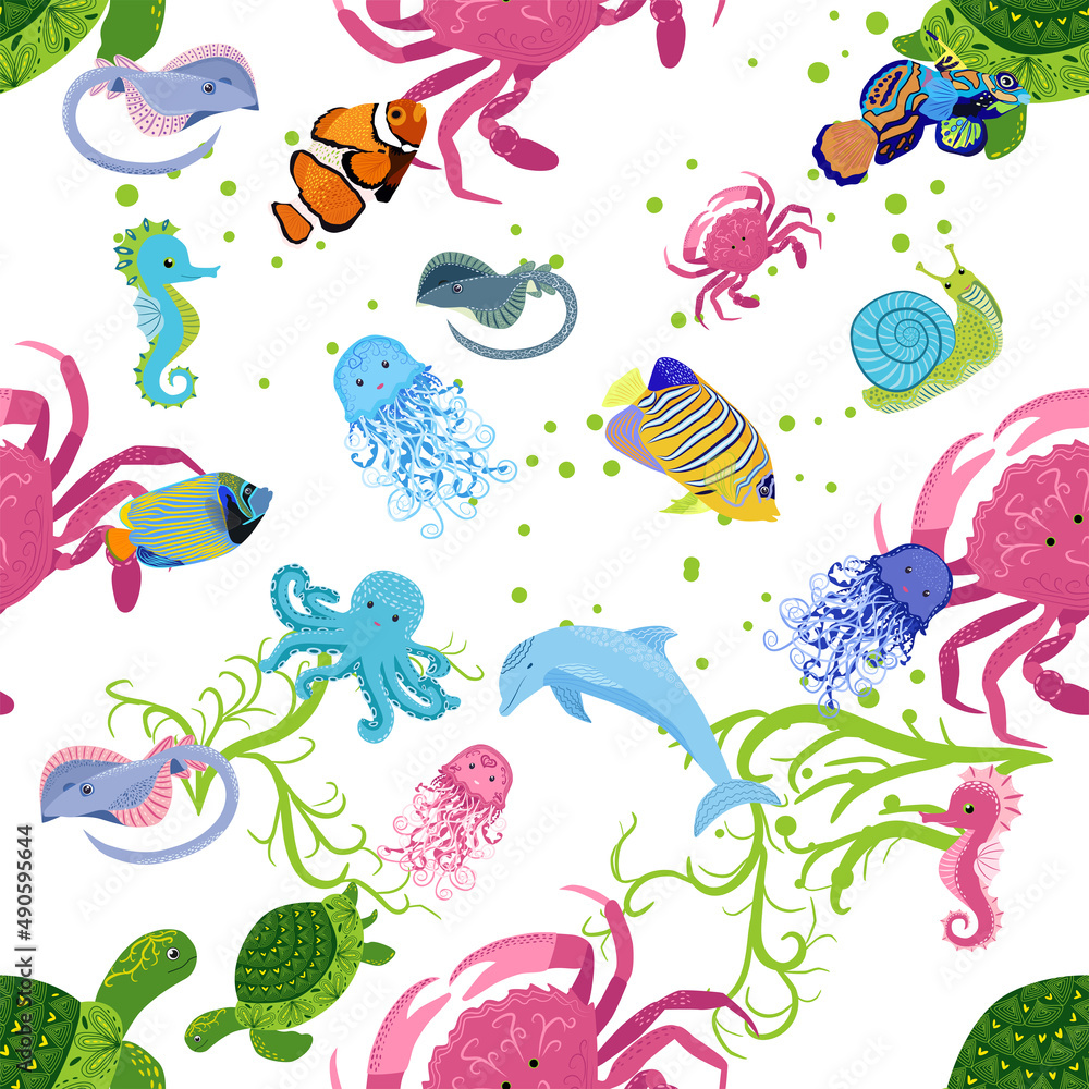 Marine life, fish, animals bright seamless pattern. sea travel, underwater diving animal tropical fish. Jellyfish, whale, shark, seahorse, clown fish, dolphin, turtle, emperor