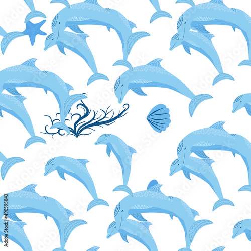 Dolphin, sea inhabitants seamless pattern, beautiful character among seashells, algae, starfish, marine wildlife