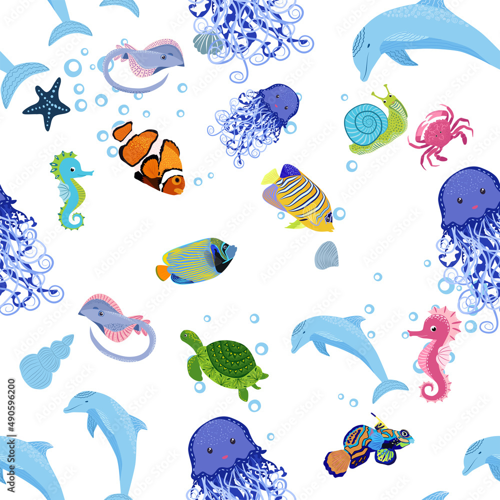 Naklejka premium Sea inhabitants seamless pattern, beautiful character among seashells, seaweed, starfish, sea animals wildlife