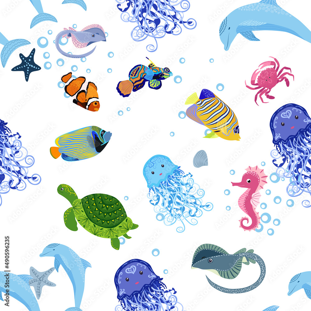 Sea inhabitants seamless pattern, beautiful character among seashells, seaweed, starfish, sea animals wildlife Sea inhabitants seamless pattern, beautiful character among seashells, seaweed, starfish, sea animals wildlife