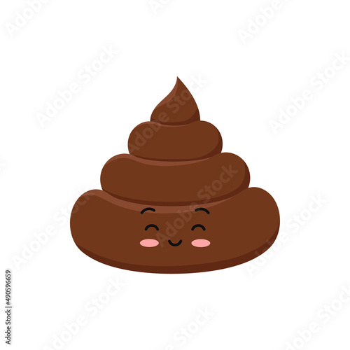 Poop cute funny excrement smiling character cartoon emoticon isolated on white background.  Kawaii brown heap of shit emoji. Flat design vector clip art baby poo with face illustration.