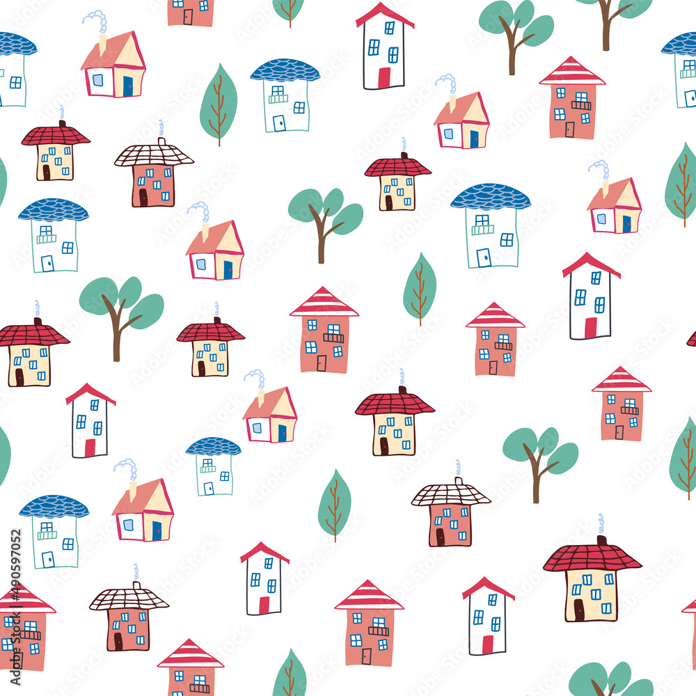 Pattern seamless kids with home doodle coloring element. house pattern, cute colorful homes, funny children decor.