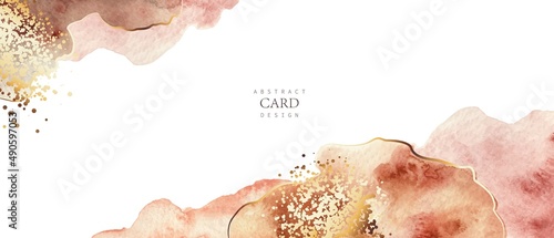 Beige, brown, pink watercolor fluid painting vector background design. Golden dots, splatters.