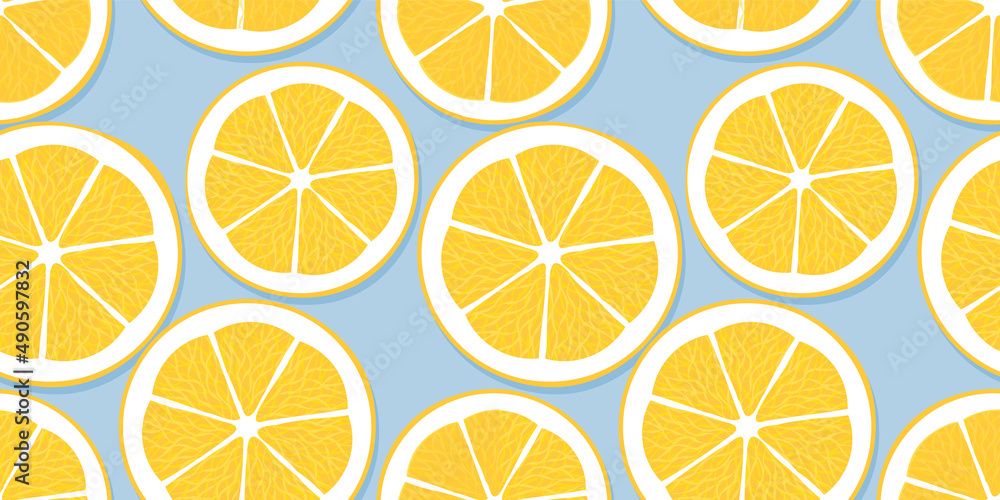 Lemon fruit circle slice seamless pattern illustration. Modern yellow cooking ingredient cartoon background. Fresh citrus cocktail or restaurant backdrop. Lemon fruit circle slice seamless pattern illustration. Modern yellow cooking ingredient cartoon background. Fresh citrus cocktail or restaurant backdrop.