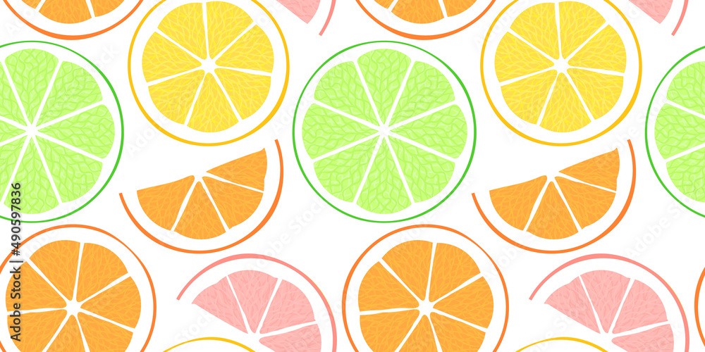 Citrus fruit circle slice seamless pattern illustration. Colorful cooking ingredient cartoon background. Fresh citrus cocktail, juice or tea infusion backdrop.