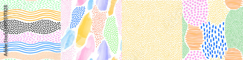 Abstract hand drawn shapes doodle seamless pattern set. Fun children art background illustration. Color pencil drawing in bright colorful style.
