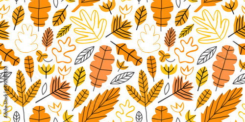 Funny autumn season leaf seamless pattern illustration. Hand drawn tree leave shapes on isolated background. Children art style fall doodle backdrop.
