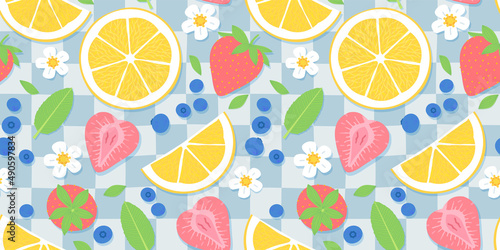 Summer fruit picnic seamless pattern illustration. Retro nature food ingredient cartoon background. Fresh lemon, strawberry and blueberry fruits backdrop.