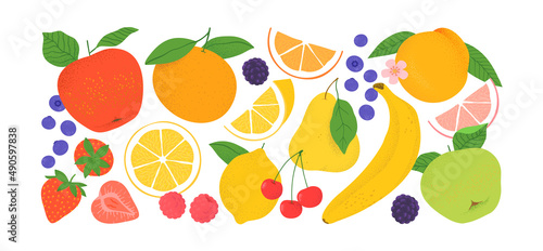 Fototapeta Naklejka Na Ścianę i Meble -  Tropical summer fruit clipart illustration collection. Isolated fruits ingredient cartoon set. Fresh organic apple, orange, strawberry, banana and more.