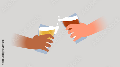 Two diverse friend hands making celebration toast with cold beer glass together on isolated background. Casual adult friends at bar or pub concept.