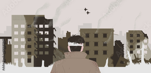 Scene of war: injured young man POV with head bandage looking at city area in military conflict, damaged building skyline. European street concept. Modern flat cartoon illustration.