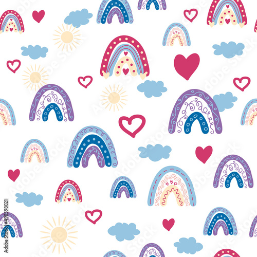 Rainbow seamless pattern in pastel colors. Scandinavian baby hand drawn illustration for textiles and newborn clothes.