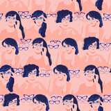 Young girls with glasses. Seamless pattern. Flat style. Vector illustration.