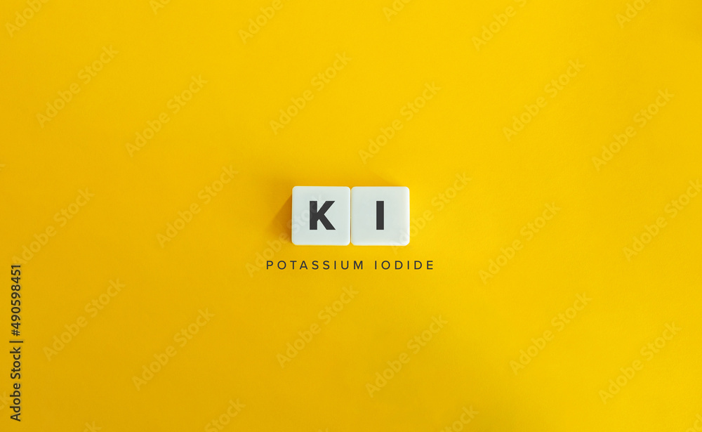 Potassium iodide (KI) Banner. Letter Tiles on Yellow Background. Minimal Aesthetics. Potassium iodide (KI) Banner. Letter Tiles on Yellow Background. Minimal Aesthetics.