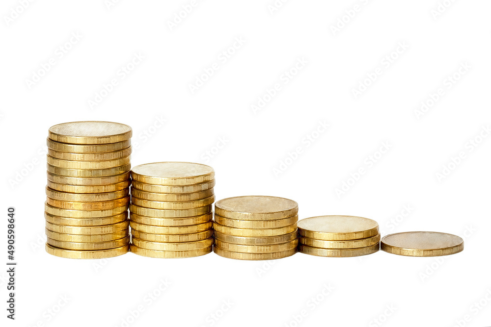 Five stacks of coins isolate on white background. Financial recession concept. Five stacks of coins isolate on white background. Financial recession concept.