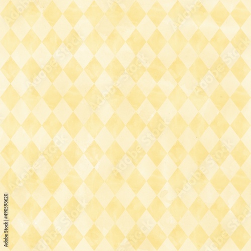 Watercolor rhombus seamless pattern. Vintage style. Golden color. Yellow background. Stock illustration.