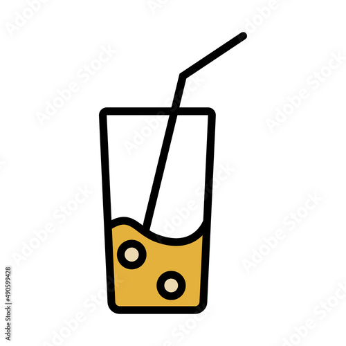 Glass tumbler with straw and water. Colored Simple food icon in trendy line s...