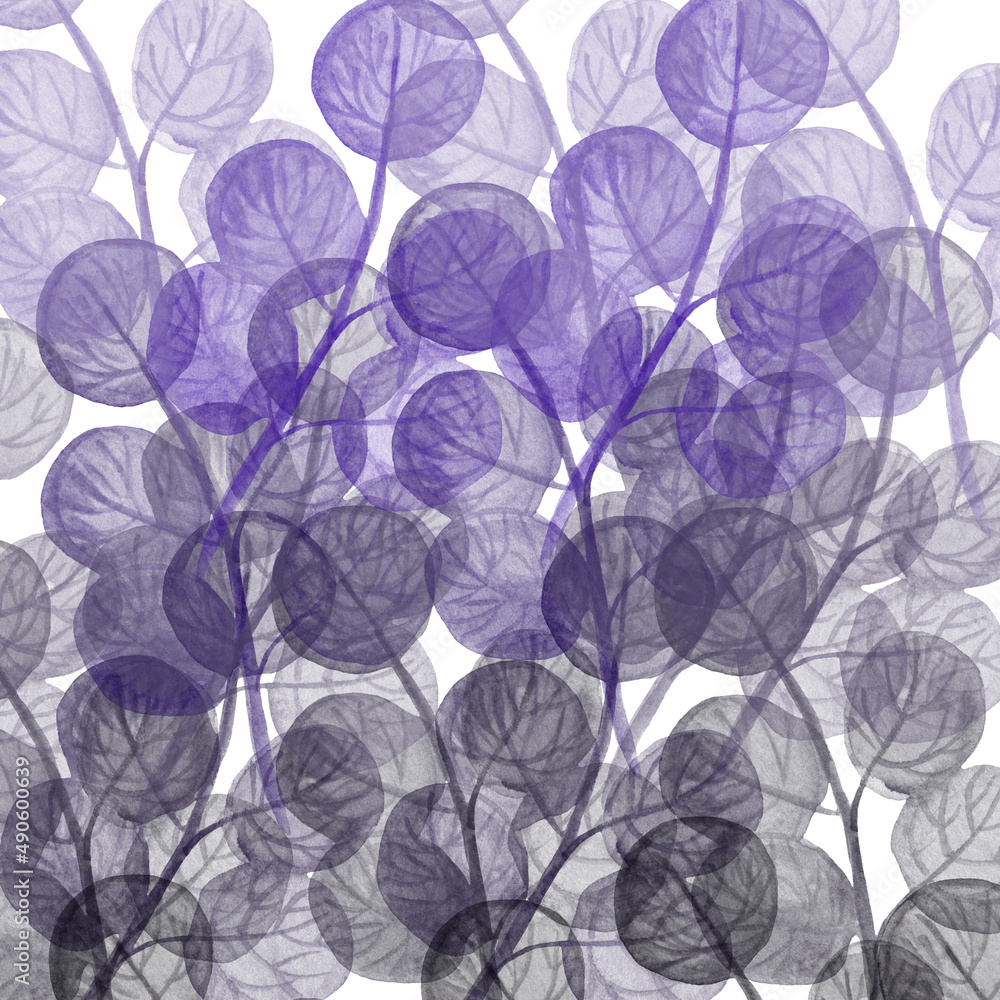 Watercolor background of the transition of the color of the leaves from purple, lilac to gray