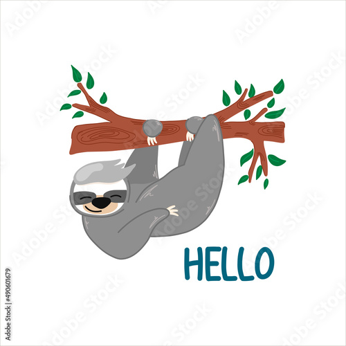 Vector illustration with a cute sloth hanging on a tree, Hello inscription, cute animal, cartoon-style children's illustration, for fabrics, postcards, posters, clothes.