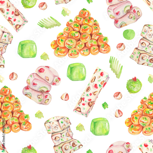 Fototapeta Naklejka Na Ścianę i Meble -  Watercolor oriental food. Watercolor turkish sweets. Turkish delight. Rahat lokum pattern. Watercolor sweets pattern. Seamless pattern for wrapping paper, backgrounds, web, banners, packing