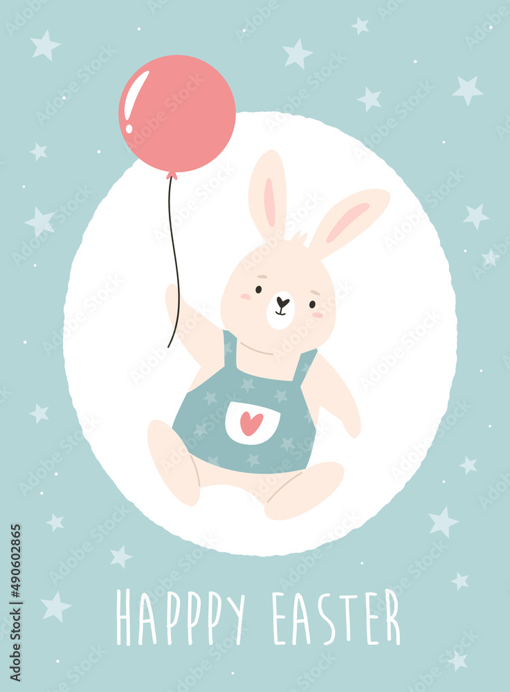Easter card with cute funny rabbit and air balloon Easter card with cute funny rabbit and air balloon