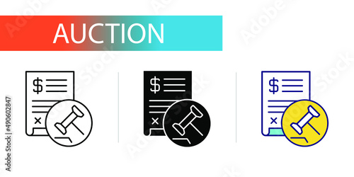 transaction, sale of a lot at auction. Icons set for web design