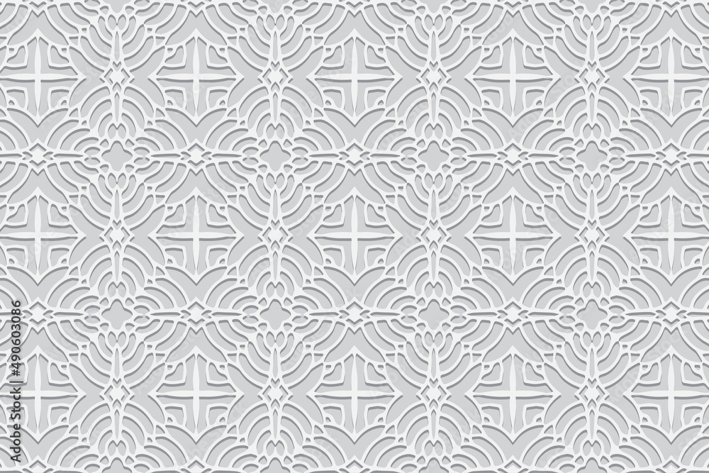 Embossed ethnic elegant openwork white background, exclusive cover design. Geometric ornamental 3D pattern. National elements of creativity of the peoples of the East, Asia, India, Mexico, Aztecs.