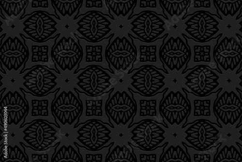 Embossed ethnic colorful black background  exclusive cover design. Geometric ornamental 3D pattern. National elements of creativity of the peoples of the East  Asia  India  Mexico  Aztecs.