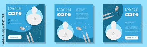 Dental service social media post, banner set, dentist tooth care advertisement concept, tooth care tools marketing square ad, abstract print, isolated on background