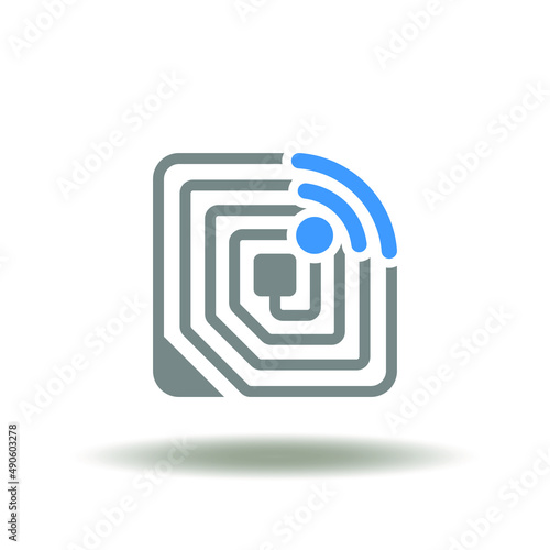 Vector illustration of chip with wireless radio signal. Icon of RFID tag microchip. Symbol of Radio Frequency IDentification Shopping Technology.