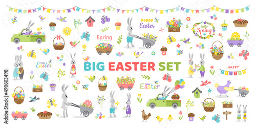 Big Easter spring set. Bunnies, eggs, flowers, basket, bird, car, flag, chick. Flat cartoon vector