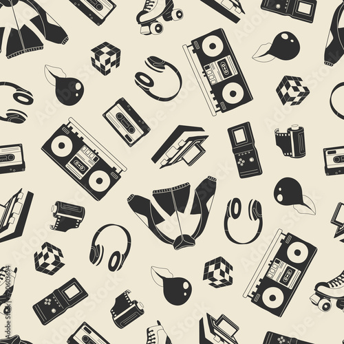 Classic 80s-90s elements in modern style flat, line style. Hand drawn vector illustration: jacket, cube, lips, headphones, roller skate, cassette, recorder, camera roll. Fashion seamless pattern